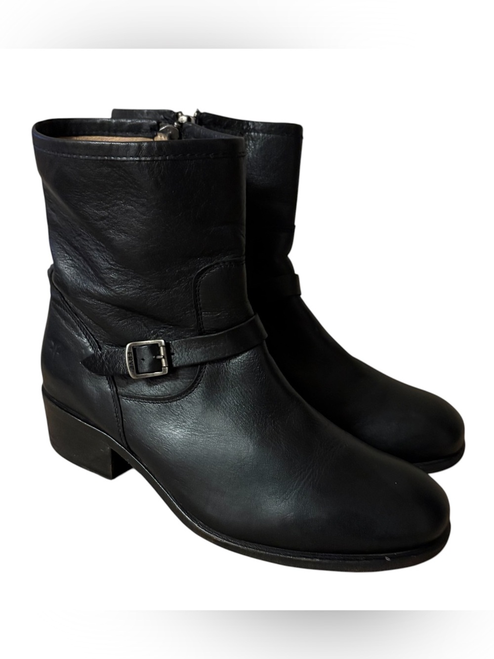 Frye Buckle Leather Boots Black Moto Biker Zipper Women Sz 8.5